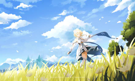 HD PC desktop wallpaper featuring Lumine from the video game Genshin Impact standing in a sunlit grassy field under a vibrant blue sky with scattered clouds.