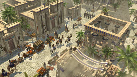 An HD desktop wallpaper showcasing a bustling ancient city scene from the video game Ancient Cities, featuring grand architecture, merchants, and lively activity.