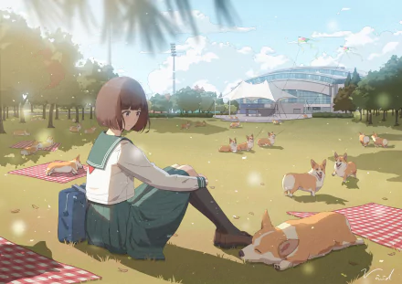 skirt short hair school uniform park grass dog brown hair Anime girl anime girl HD Desktop Wallpaper | Background Image