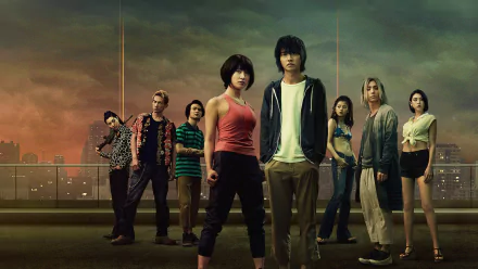 HD desktop wallpaper of Alice in Borderland featuring the main characters positioned against a dusky cityscape.