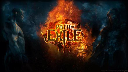 HD desktop wallpaper featuring the Path of Exile logo flanked by two characters in a dramatic fiery and dark setting.