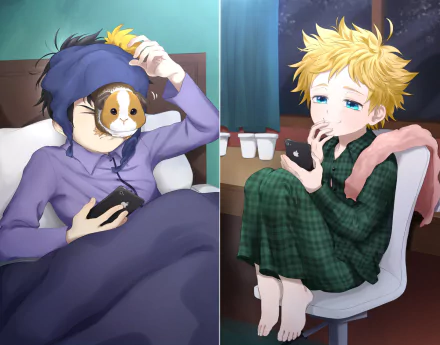 Stripe (South Park) hat blue eyes phone feet blonde pajamas Tweek Tweak Craig Tucker TV Show South Park HD Desktop Wallpaper | Background Image