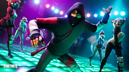 HD desktop wallpaper featuring the Fortnite character Ikonik performing a dance move with other characters in the background.