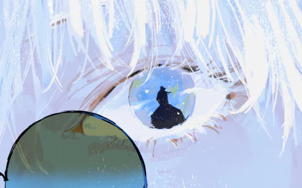 HD desktop wallpaper featuring Satoru Gojo from the anime Jujutsu Kaisen, showcasing a close-up of an eye reflecting a silhouetted figure. Tags include Satoru Gojo, Suguru Geto, Anime, Jujutsu Kaisen.