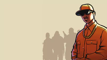 4K Ultra HD PC desktop wallpaper featuring a stylized character from the video game Grand Theft Auto: San Andreas against a beige background with silhouetted figures.