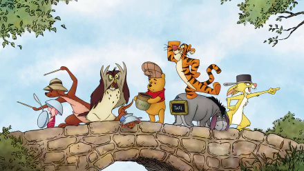 4K Ultra HD Winnie the Pooh movie wallpaper showing Pooh and friends crossing a stone bridge in a colorful, animated forest setting for PC desktop background.