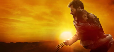 HD wallpaper featuring Wolverine (Hugh Jackman) and X-23 (Dafne Keen) from the movie Logan, with a dramatic sunset background.