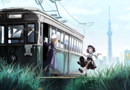 4K Ultra HD PC desktop wallpaper: Touhou anime scene of Renko Usami and Maribel Hearn by a vintage tram in tall grass, with a soft city skyline and a distant tower.