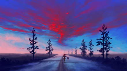 Artistic landscape HD desktop wallpaper featuring a lone figure walking down a misty road lined with tall trees under a vibrant, colorful sky at dusk.