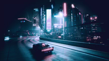 A cyberpunk cityscape at night with neon lights, featuring a futuristic car on a highway, inspired by Cyberpunk 2077, rendered in 4K Ultra HD for PC gaming.