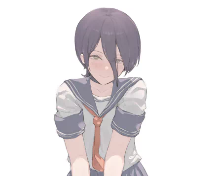 HD PC desktop wallpaper featuring Reze from the anime Chainsaw Man, depicted with short purple hair and a school uniform against a light background.