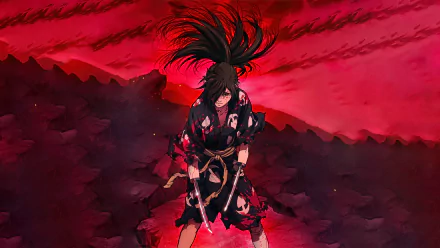 Hyakkimaru (Dororo) stands bloodied with swords under a crimson sky, anime 4K Ultra HD PC desktop wallpaper background.