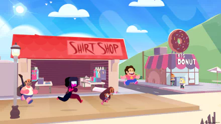 HD desktop wallpaper from Steven Universe Unleash The Light, featuring characters in front of the Shirt Shop and Big Donut.