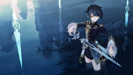 HD wallpaper featuring Xingqiu from Genshin Impact with yellow eyes, standing in water and holding a sword against a mystical blue and green backdrop.
