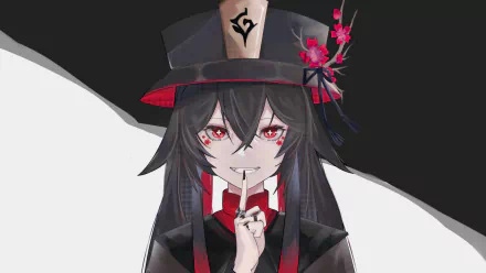 High-resolution 4K Ultra HD desktop wallpaper featuring Hu Tao, a character from the video game Genshin Impact, with vibrant red eyes and her signature hat.