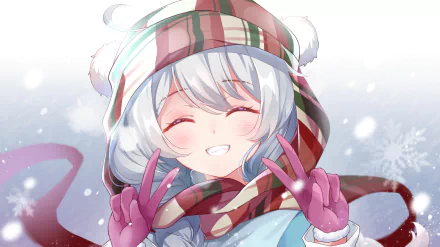 Anime-style HD wallpaper of Kiana Kaslana with white hair and a blush, wearing a winter hat and scarf, smiling brightly in a snowy background.