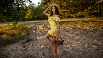 depth of field hat brunette yellow dress woman model HD Desktop Wallpaper | Background Image