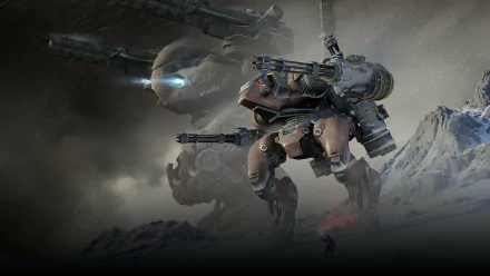 HD desktop wallpaper featuring an imposing War Robots battle scene with a towering mech amidst a mountainous terrain.