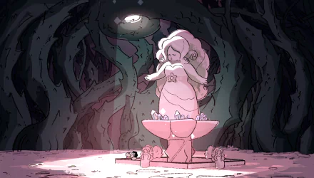 HD PC desktop wallpaper featuring Steven from the TV show Steven Universe, depicted as a glowing statue in a mystical forest setting under moonlight.