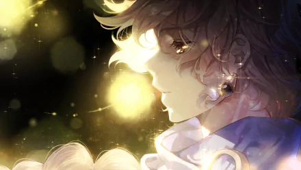 HD PC desktop wallpaper of Aether from the video game Genshin Impact, featuring a detailed side profile with glowing light effects and a soft, ethereal atmosphere.