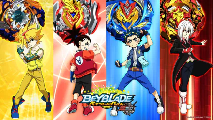 HD wallpaper featuring Valt Aoi and other characters from Beyblade Burst, vibrant with battling beyblades and dynamic poses.
