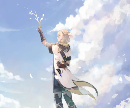 HD PC desktop wallpaper featuring Albedo from the video game Genshin Impact, standing against a bright sky with clouds, holding a glowing flower.
