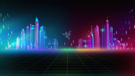 4K Ultra HD wallpaper featuring a neon-lit futuristic cityscape with glowing buildings and the Razer logo centered, blending technology and urban design.