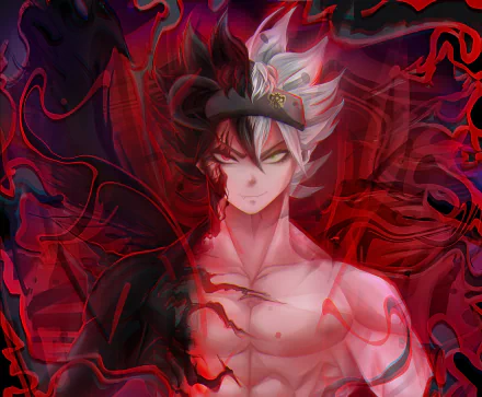 HD anime desktop wallpaper featuring Asta from Black Clover with intense red and black fiery effects surrounding him.