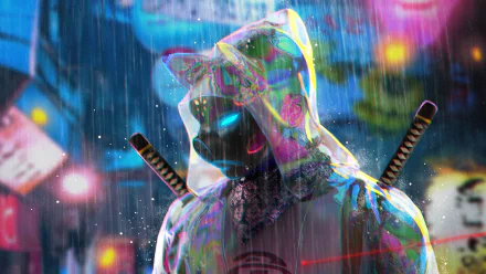 A 4K Ultra HD cyberpunk warrior stands in the rain with glowing eyes, hooded and armed with dual katanas, set against a vibrant, futuristic city backdrop.
