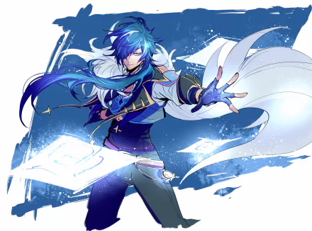 HD desktop wallpaper featuring Kaeya from Genshin Impact with blue hair and an eye patch, casting a magical spell in dynamic motion.