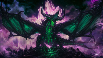 HD fantasy PC desktop wallpaper featuring a powerful green dragon with glowing accents perched before a towering, crystalline structure under a stormy sky.