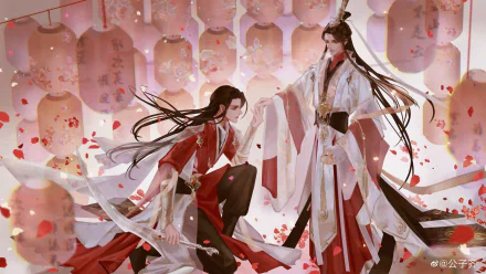 HD PC desktop wallpaper of Tian Guan Ci Fu: two long-haired anime figures in flowing red and white robes, surrounded by falling petals and soft lantern light.