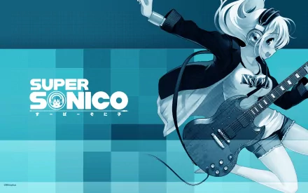 A vibrant HD desktop wallpaper featuring Super Sonico, an anime character with headphones, energetically playing a guitar against a blue geometric background.