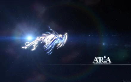 HD anime desktop wallpaper featuring a sleek, glowing mechanical fish-like design against a dark cosmic background with the title Aria prominently displayed.