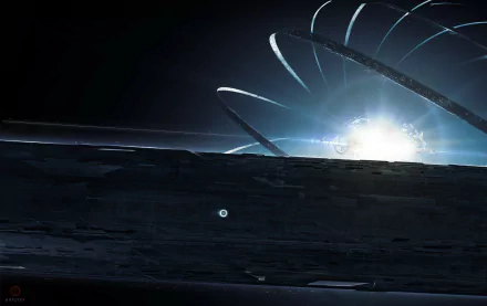 HD desktop wallpaper of a Dyson Sphere concept with glowing rings encircling a bright star, set against a dark space backdrop.