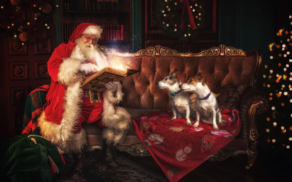 Santa Claus reads a glowing book on a sofa while two dogs watch intently, surrounded by festive Christmas holiday decor in a 4K Ultra HD desktop wallpaper.