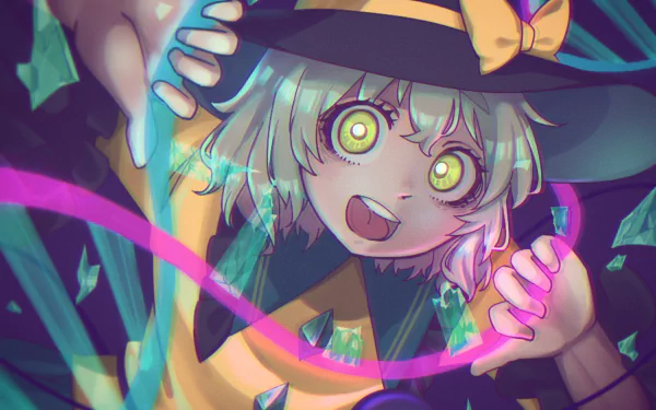 Vibrant 4K Ultra HD anime wallpaper featuring Koishi Komeiji from Touhou, with glowing yellow eyes and dynamic colorful ribbons framing the character.