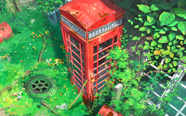 HD anime wallpaper features a red telephone booth in a lush, overgrown garden, surrounded by greenery and scattered objects.