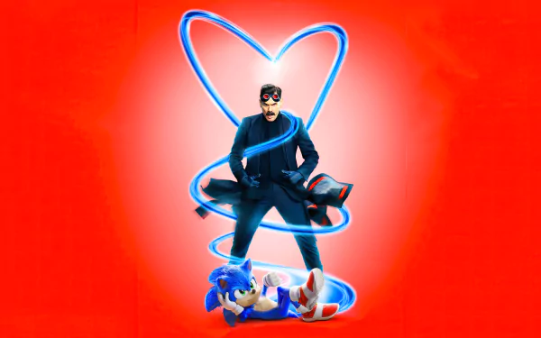 4K Ultra HD desktop wallpaper featuring Jim Carrey as Doctor Robotnik from the Sonic the Hedgehog movie, with vibrant red background and glowing blue heart design.