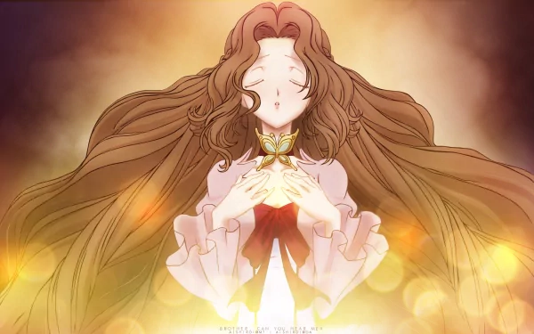 HD anime desktop wallpaper featuring Nunnally Lamperouge from Code Geass, with long flowing hair and a glowing butterfly in her hands against a warm, radiant background.