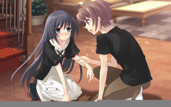 Anime HD PC desktop wallpaper/background from Stray Cat Overrun!: a shy dark-haired girl and a brown-haired boy kneel on a sunlit wooden floor, sharing a tender, surprised moment.