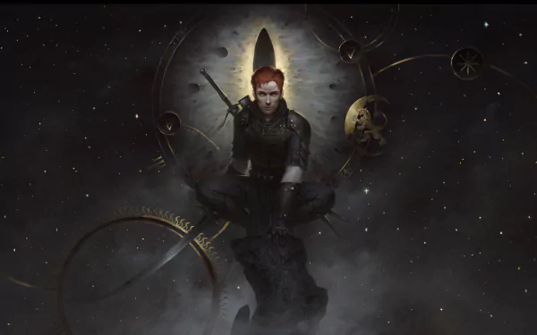 4K Ultra HD wallpaper featuring a fierce warrior from The Witcher universe, inspired by the video game Gwent: The Witcher Card Game, set against a dark, mystical background.