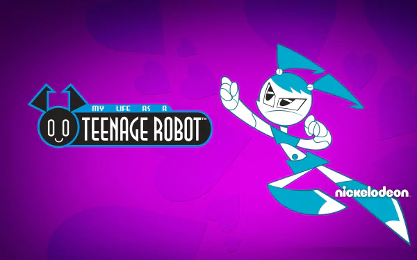 HD desktop wallpaper of Jenny Wakeman (XJ‑9) from the TV show My Life as a Teenage Robot, leaping on a purple background with the show's logo.
