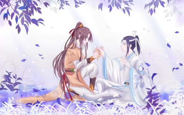 HD PC anime wallpaper: Jin Ling and Lan Sizhui from Mo Dao Zu Shi sit among drifting purple petals, sharing a gentle gaze and clasping hands.