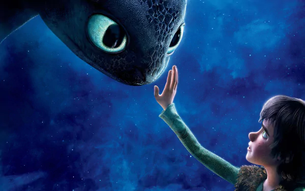HD desktop wallpaper featuring Hiccup and Toothless from the movie How to Train Your Dragon. Hiccup reaches out to touch Toothless against a starry night sky background.