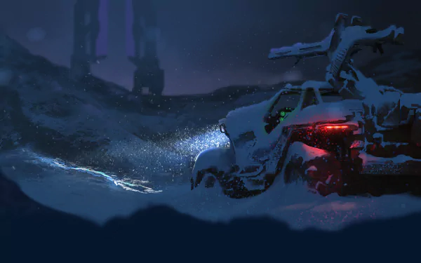 4K Ultra HD PC desktop wallpaper featuring a snowy Halo video game scene with a rugged armored vehicle illuminating the dark, icy landscape.