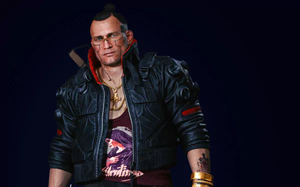 HD PC desktop wallpaper featuring Jackie Welles, a character from the video game Cyberpunk 2077, dressed in a dark leather jacket with a confident expression.