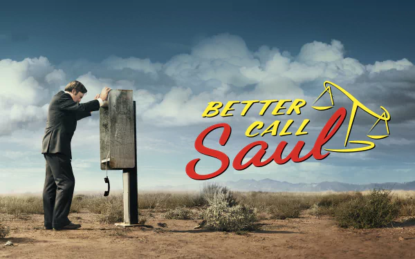 HD desktop wallpaper for the TV show Better Call Saul: Saul Goodman leans on a desert payphone under dramatic clouds with the show's logo beside him.