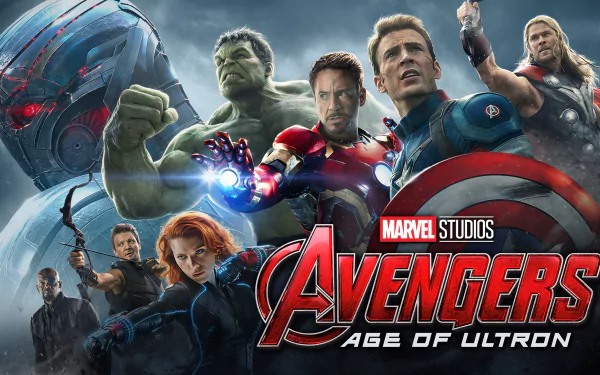 HD PC desktop wallpaper of Marvel Studios' Avengers: Age of Ultron — Iron Man, Captain America (Steve Rogers), Thor, Hulk, Black Widow, Hawkeye (Clint Barton), Nick Fury and Ultron looming.
