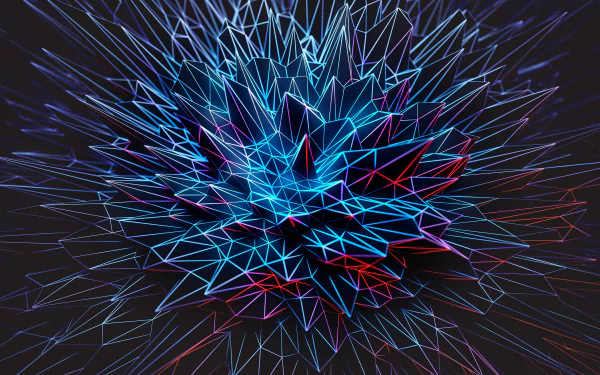 Abstract 8K Ultra HD PC wallpaper featuring a dynamic burst of glowing blue and red triangular light shapes on a dark background.